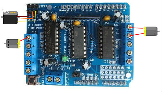 Connecting DC and Servo motors to Adafruit Motor Shield v1